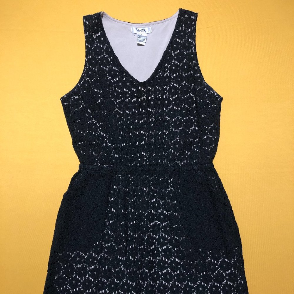 PINKY Womens Sz L Black Lace Overlay Lined Sleeveless Elastic Waist Party Dress